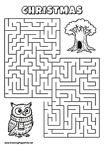 Printable Maze 'The owl with a scarf is looking for the way to the hollow tree'