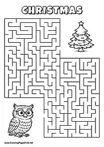 Printable Maze 'The owl with glasses is looking for the way to the Christmas tree'