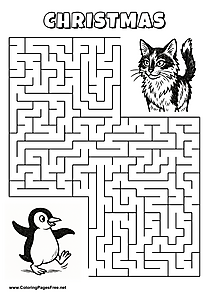 Printable Maze 'The penguin dancing is looking for the way to the cat'