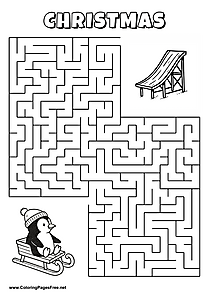 Printable Maze 'The penguin in the sleigh is looking for the way to the slide'