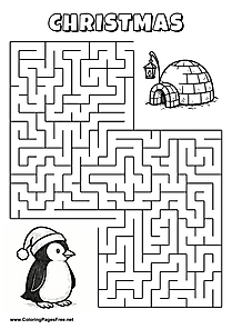 Printable Maze 'The penguin with a Christmas hat is looking for the way to the igloo'