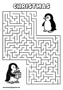 Printable Maze 'The penguin with a gift is looking for the way to the other penguin'