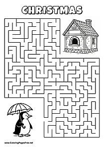 Printable Maze 'The penguin with an umbrella is looking for the way to the house'