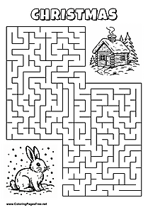 Printable Maze 'The rabbit in the snow is looking for the way to the winter hut'