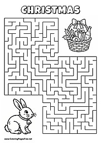 Printable Maze 'The rabbit with a bell is looking for the way to the Christmas basket'