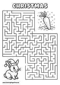 Printable Maze 'The rabbit with a Christmas hat is looking for the way to the carrot'