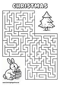 Printable Maze 'The rabbit with a gift is looking for the way to the Christmas tree'