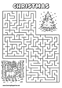 Printable Maze 'The reindeer in the forest is looking for the way to the fir tree'