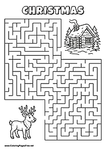 Printable Maze 'The reindeer is looking for the way to the warm winter hut'