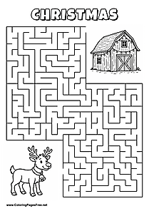 Printable Maze 'The reindeer with a bell is looking for the way to the barn with lights'