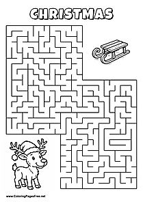 Printable Maze 'The reindeer with a Christmas hat is looking for the way to the sleigh'