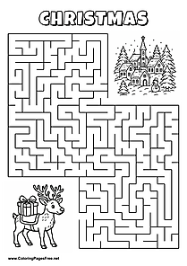 Printable Maze 'The reindeer with a gift is looking for the way to the Christmas village'