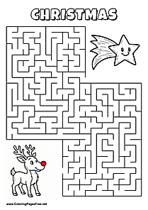Printable Maze 'The reindeer with a red nose is looking for the way to the shooting star'