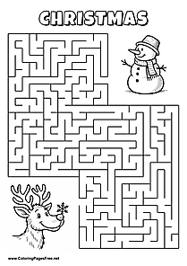 Printable Maze 'The reindeer with a snowflake is looking for the way to the snowman'