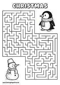 Printable Maze 'The snowman with a bucket is looking for the way to the penguin'