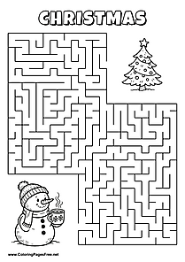 Printable Maze 'The snowman with a cup of cocoa is looking for the way to the Christmas tree'