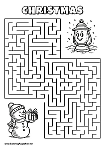 Printable Maze 'The snowman with a gift box is looking for the way to the lamp'