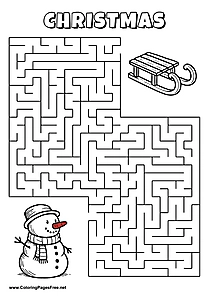Printable Maze 'The snowman with a red nose is looking for the way to the sleigh'