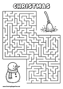 Printable Maze 'The snowman with a scarf is looking for the way to the broom in the snow'