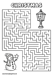 Printable Maze 'The snowman with a star is looking for the way to the lantern'