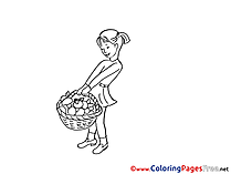 Basket with Mushrooms free Colouring Page download Girl
