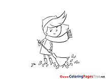 Girl Sweeping Leaves Colouring Page printable free