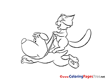 Cat Riding Dog Kids free Coloring Page