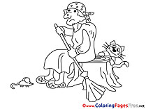 Cat with Baba Yaga Kids free Coloring Page