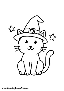 Cat with Witch Hat Coloring Page Halloween