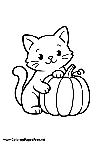 Cute Cat with Pumpkin Coloring Page