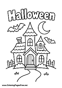 Easy Halloween Haunted House with Bats Coloring Page