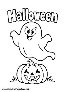 Friendly Halloween Ghost Above a Pumpkin Coloring Page