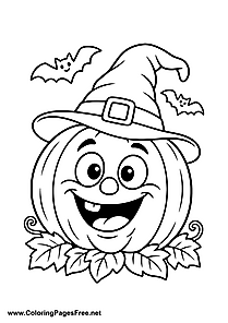 Grinning Halloween Pumpkin with Witch Hat Coloring Page