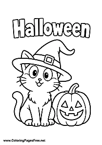 Halloween Cat and Pumpkin Lantern with Witch Hat Coloring Page