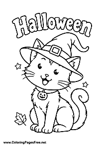 Halloween Cat Wearing a Witch Hat with Pumpkin Coloring Page