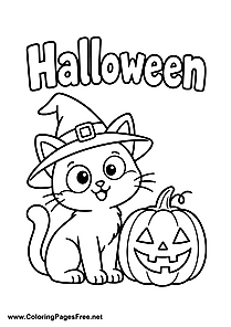 Halloween Cat with a Pumpkin and Witch Hat Coloring Page