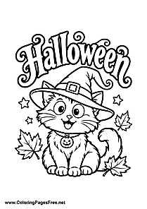 Halloween Cat with Witch Hat and Leaves Coloring Page
