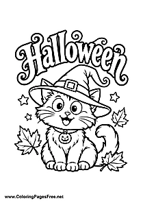Halloween Cat with Witch Hat and Leaves Coloring Page