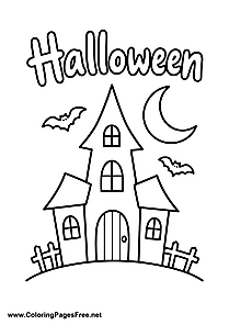 Halloween House with Moon and Bats Coloring Page