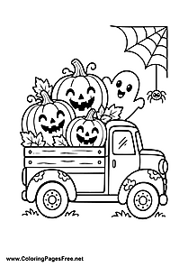 Halloween Pumpkin Truck with Ghost and Spider Web Coloring Page