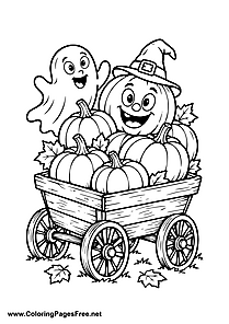 Halloween Pumpkin Wagon with Happy Ghost Coloring Page
