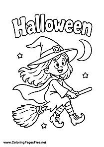 Halloween Witch on a Broom Under the Full Moon Coloring Page