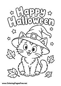 Happy Halloween Cute Cat with Witch Hat Coloring Page