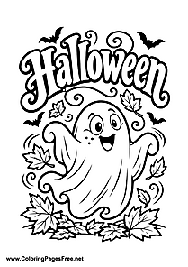 Happy Halloween Ghost and Bats Coloring Page
