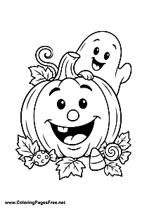 Happy Halloween Pumpkin and Little Ghost Coloring Page
