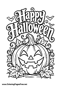 Happy Halloween Smiling Pumpkin with Fall Leaves Coloring Page