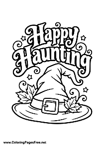Happy Haunting Witch Hat with Fall Leaves Coloring Page