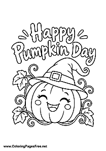 Happy Pumpkin Day Pumpkin with Witch Hat and Vines Coloring Page