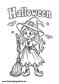 Little Halloween Witch on a Broom Coloring Page