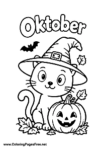 October Cat with Witch Hat and Pumpkin Lantern Coloring Page